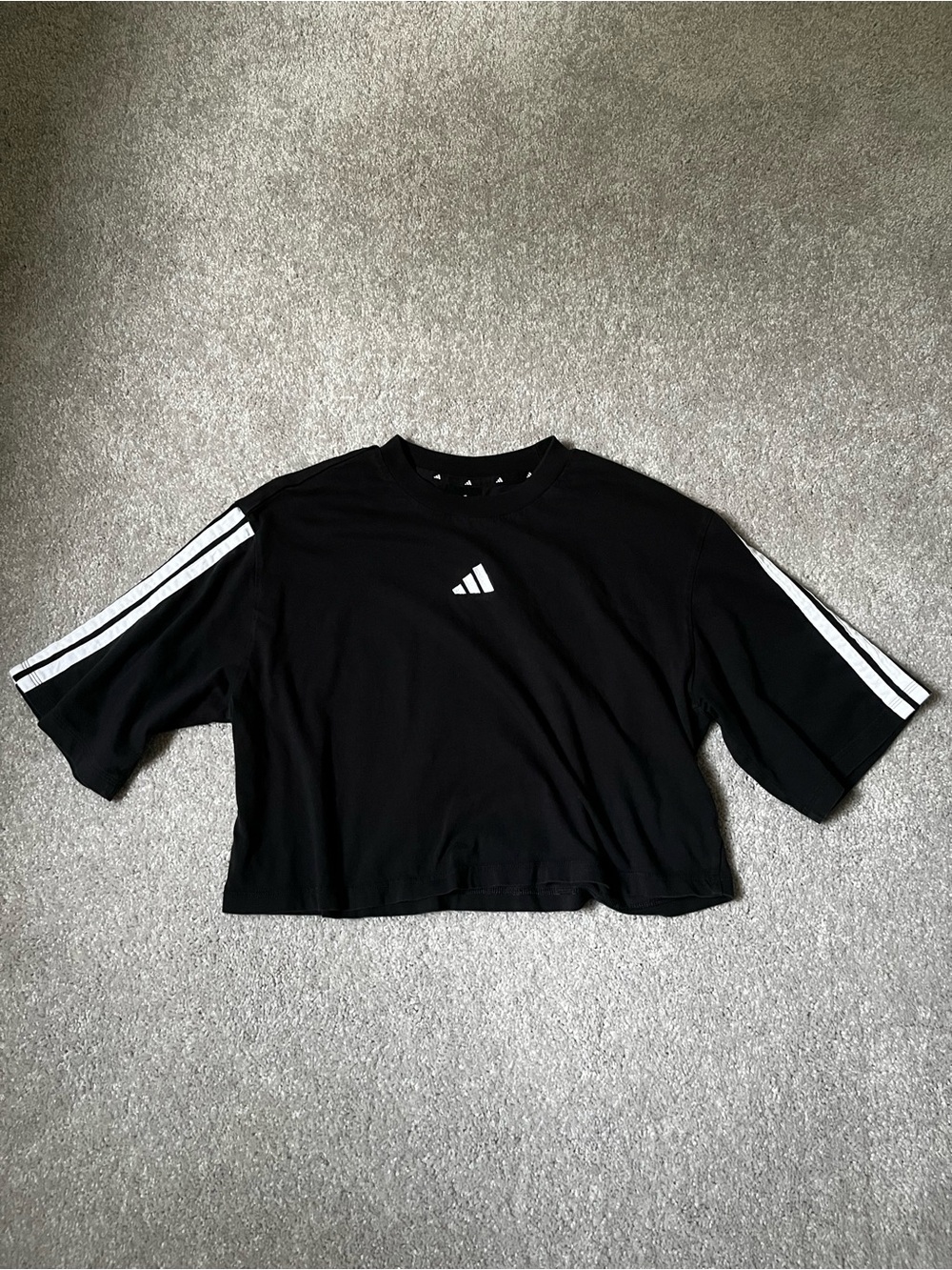 Adidas Black Cropped Athletic Tee with Three-Stripe Detail